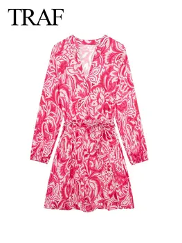 Дамски Летни Модни мини рокли с розов принтом, Ретро, V-образно деколте, Дълги ръкави, еластични завязки на талията, Дамски ежедневни рокли