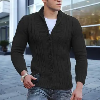 Мъжки пуловер, стилен мъжки однобортный жилетка с ревери, вязаное палто с усукана текстура, устойчиви на холодам Модерен есенен пуловер