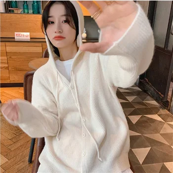 Нов вязаный жилетка, дамски корейската мода, мек восък пуловер с качулка, палта, дамски моден тренд