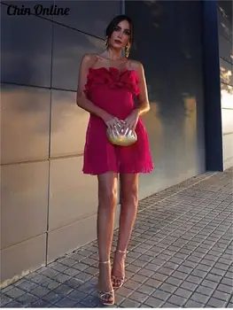 Секси мини рокля без презрамки с цветен Модел За жени 2023 Летни Вечерни рокли без ръкави, с отворен гръб Дамска Мода С къдри Vestidos Lady